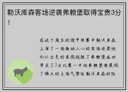 勒沃库森客场逆袭弗赖堡取得宝贵3分！